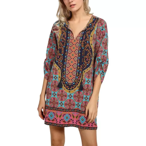 Women Bohemian Neck Tie Vintage Printed Ethnic Style Summer Shift DressPattern 6