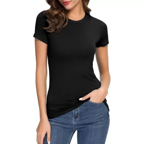 Womens Crewneck Slim Fitted Short Sleeve TShirt Stretchy Bodycon Basic Tee TopsBlack