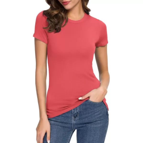 Womens Crewneck Slim Fitted Short Sleeve TShirt Stretchy Bodycon Basic Tee TopsCoral