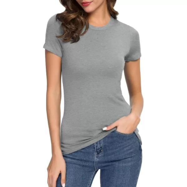 Womens Crewneck Slim Fitted Short Sleeve TShirt Stretchy Bodycon Basic Tee TopsHeather Grey