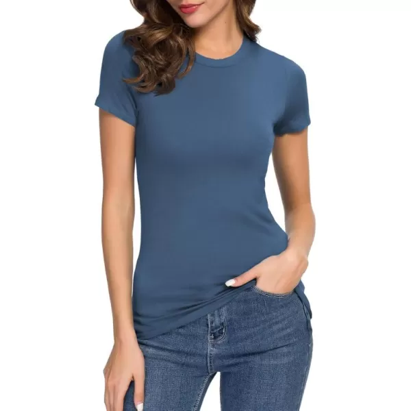 Womens Crewneck Slim Fitted Short Sleeve TShirt Stretchy Bodycon Basic Tee TopsIndigo Blue