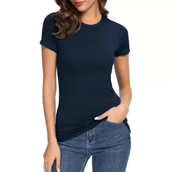 Womens Crewneck Slim Fitted Short Sleeve TShirt Stretchy Bodycon Basic Tee TopsNavy Blue
