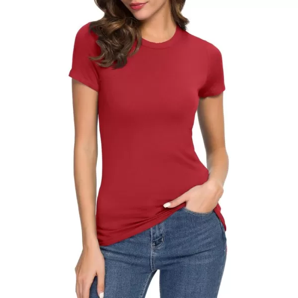 Womens Crewneck Slim Fitted Short Sleeve TShirt Stretchy Bodycon Basic Tee TopsRed
