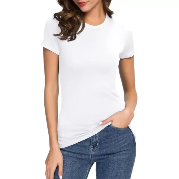 Womens Crewneck Slim Fitted Short Sleeve TShirt Stretchy Bodycon Basic Tee TopsWhite