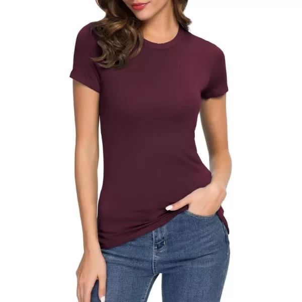 Womens Crewneck Slim Fitted Short Sleeve TShirt Stretchy Bodycon Basic Tee TopsWine Red