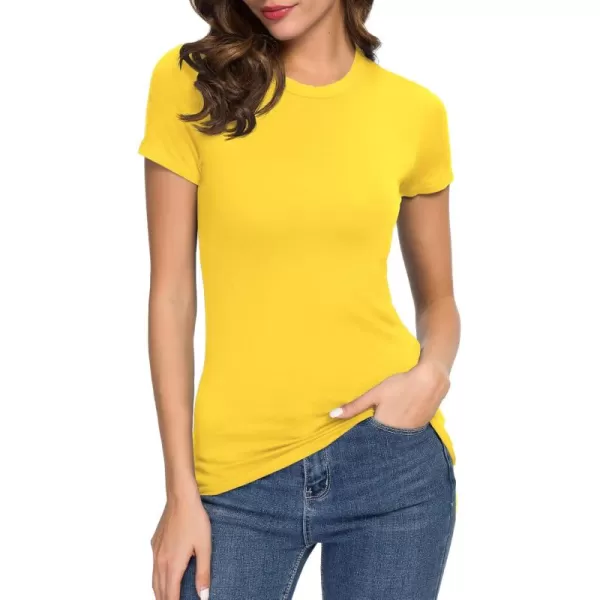 Womens Crewneck Slim Fitted Short Sleeve TShirt Stretchy Bodycon Basic Tee TopsYellow