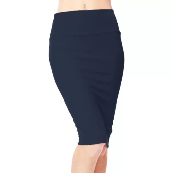 Womens High Waist Stretch Bodycon Pencil Skirt Knee Length Midi Straight SkirtNavy Blue