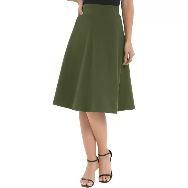 Urban CoCo Womens ALine Elastic High Waist Flare Work Midi Knee Length Stretchy SkirtArmy Green