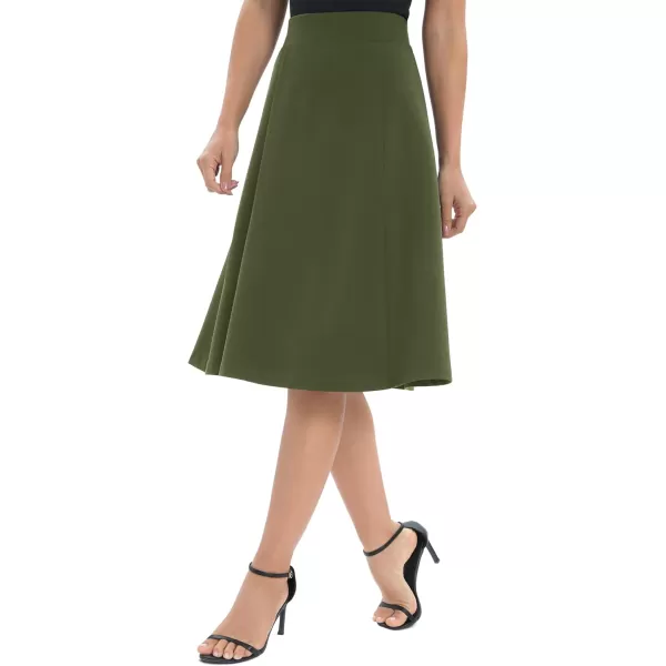 Urban CoCo Womens ALine Elastic High Waist Flare Work Midi Knee Length Stretchy SkirtArmy Green