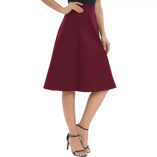 Urban CoCo Womens ALine Elastic High Waist Flare Work Midi Knee Length Stretchy SkirtWine Red