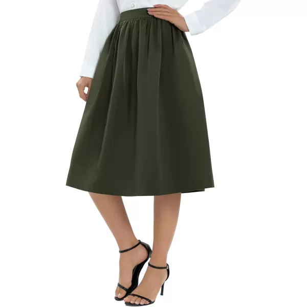Urban CoCo Womens Casual Elastic Waist Vintage ALine Pleated Flared Midi Skirt with PocketsArmy Green