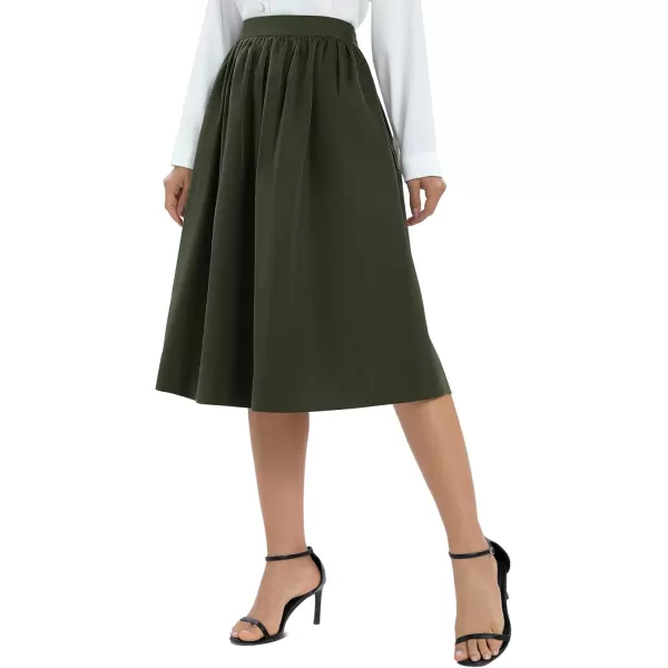 Urban CoCo Womens Casual Elastic Waist Vintage ALine Pleated Flared Midi Skirt with PocketsArmy Green