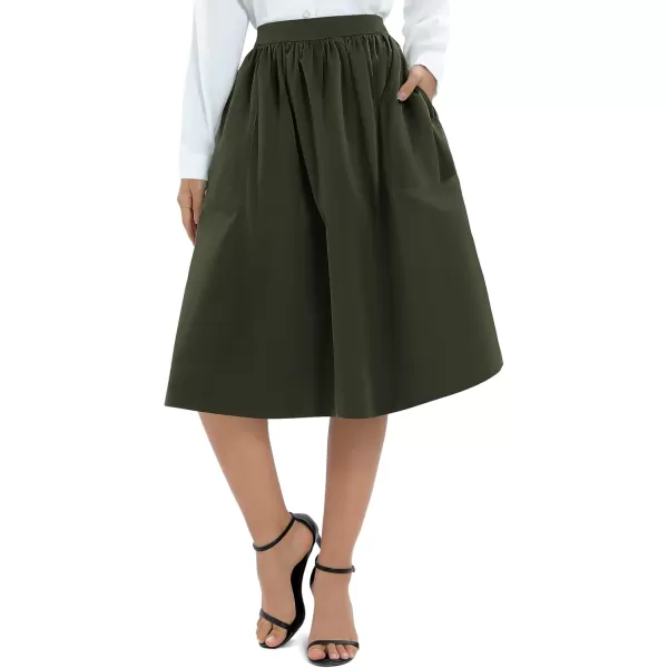 Urban CoCo Womens Casual Elastic Waist Vintage ALine Pleated Flared Midi Skirt with PocketsArmy Green