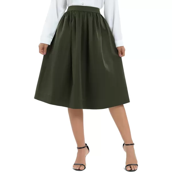 Urban CoCo Womens Casual Elastic Waist Vintage ALine Pleated Flared Midi Skirt with PocketsArmy Green