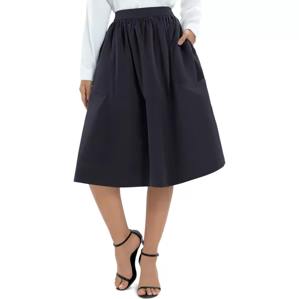 Urban CoCo Womens Casual Elastic Waist Vintage ALine Pleated Flared Midi Skirt with PocketsNavy Blue