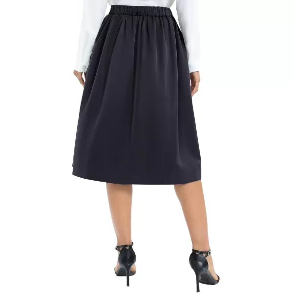 Urban CoCo Womens Casual Elastic Waist Vintage ALine Pleated Flared Midi Skirt with PocketsNavy Blue