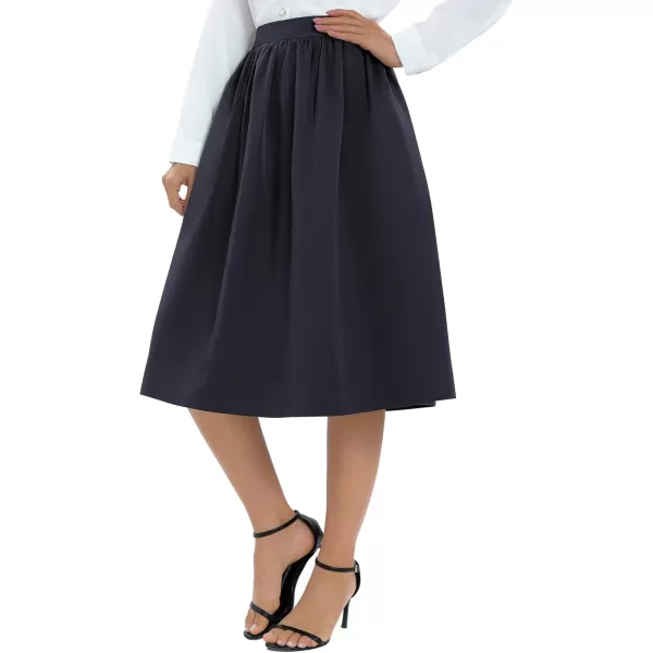 Urban CoCo Womens Casual Elastic Waist Vintage ALine Pleated Flared Midi Skirt with PocketsNavy Blue