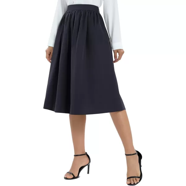 Urban CoCo Womens Casual Elastic Waist Vintage ALine Pleated Flared Midi Skirt with PocketsNavy Blue
