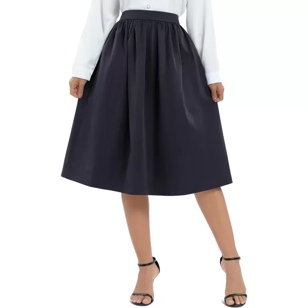 Urban CoCo Womens Casual Elastic Waist Vintage ALine Pleated Flared Midi Skirt with PocketsNavy Blue