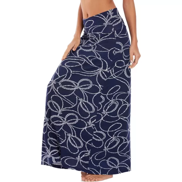 Urban CoCo Womens Casual Ruched Stretchy High Waist ALine Skirt Pleated Flared Midi SkirtBlue and White