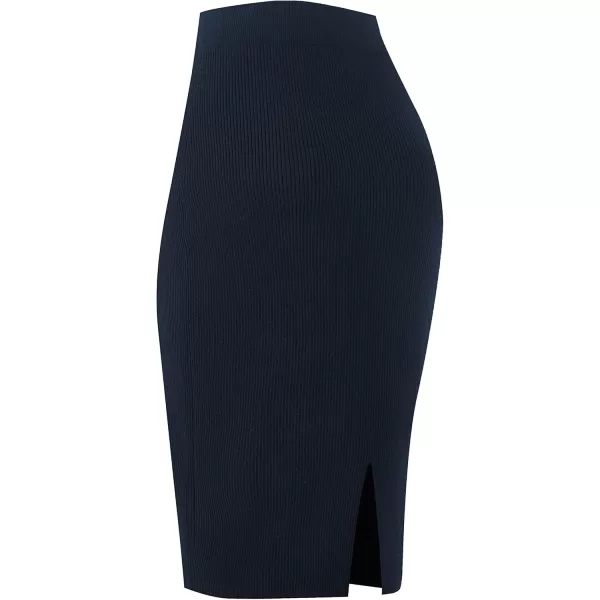 Urban CoCo Womens Elastic Waist Knitted Split Tube Pencil Midi SkirtNavy Blue