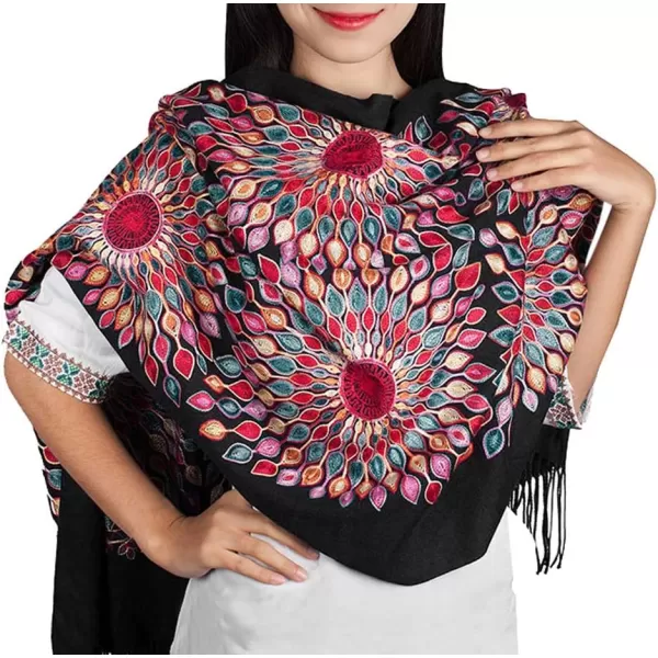 Urban CoCo Womens Embroidered Oversize Tassel Shawl Scarf Wraps for WomenBlack