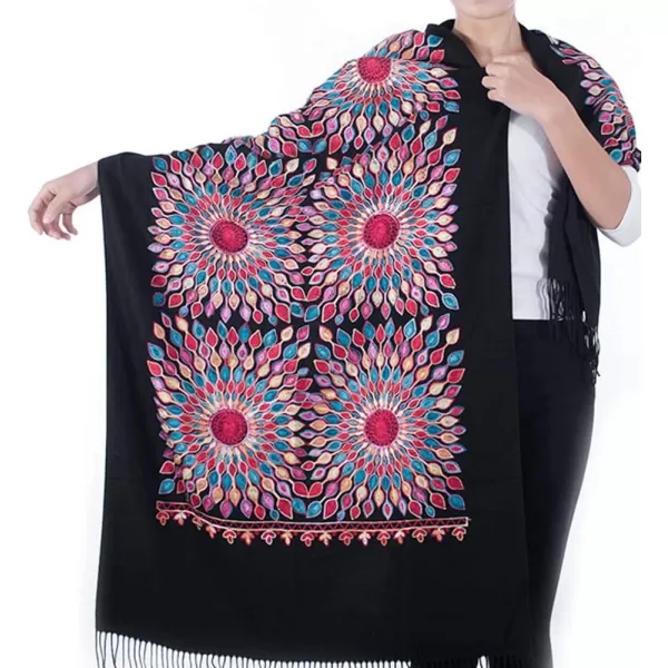 Urban CoCo Womens Embroidered Oversize Tassel Shawl Scarf Wraps for WomenBlack