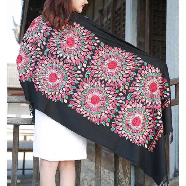 Urban CoCo Womens Embroidered Oversize Tassel Shawl Scarf Wraps for WomenBlack