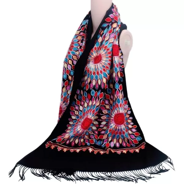 Urban CoCo Womens Embroidered Oversize Tassel Shawl Scarf Wraps for WomenBlack