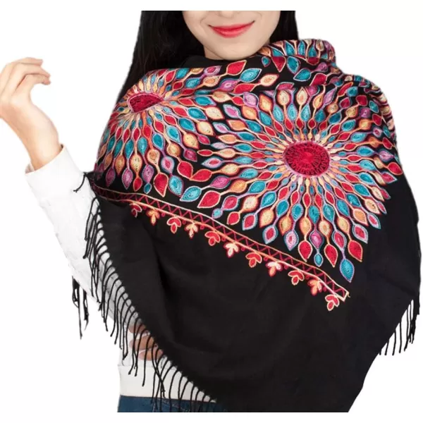 Urban CoCo Womens Embroidered Oversize Tassel Shawl Scarf Wraps for WomenBlack