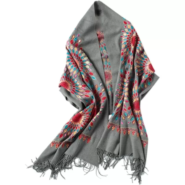 Urban CoCo Womens Embroidered Oversize Tassel Shawl Scarf Wraps for WomenGray