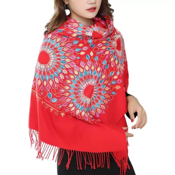 Urban CoCo Womens Embroidered Oversize Tassel Shawl Scarf Wraps for WomenRed
