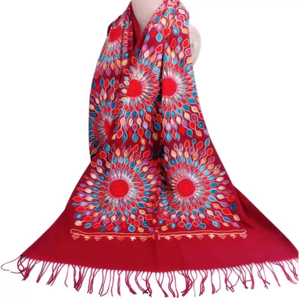 Urban CoCo Womens Embroidered Oversize Tassel Shawl Scarf Wraps for WomenRed