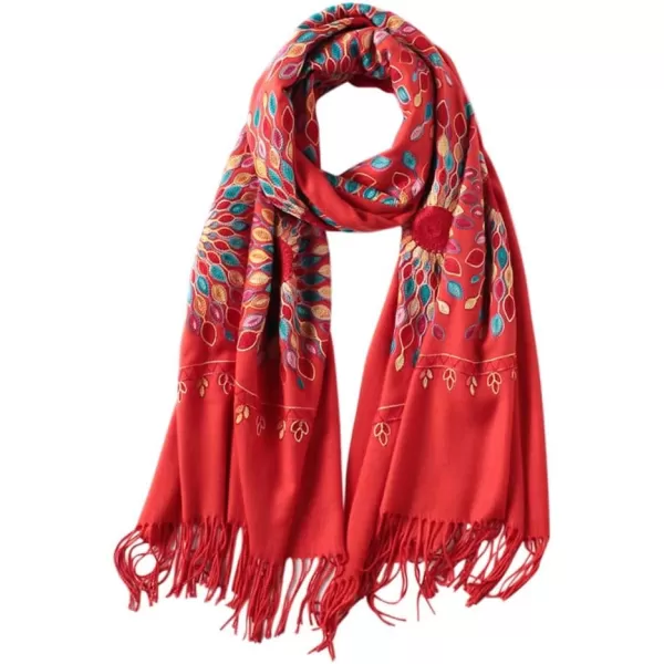 Urban CoCo Womens Embroidered Oversize Tassel Shawl Scarf Wraps for WomenRed