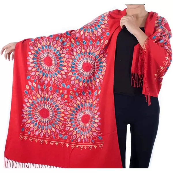 Urban CoCo Womens Embroidered Oversize Tassel Shawl Scarf Wraps for WomenRed