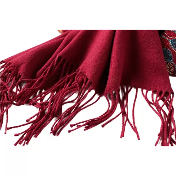Urban CoCo Womens Embroidered Oversize Tassel Shawl Scarf Wraps for WomenWine Red