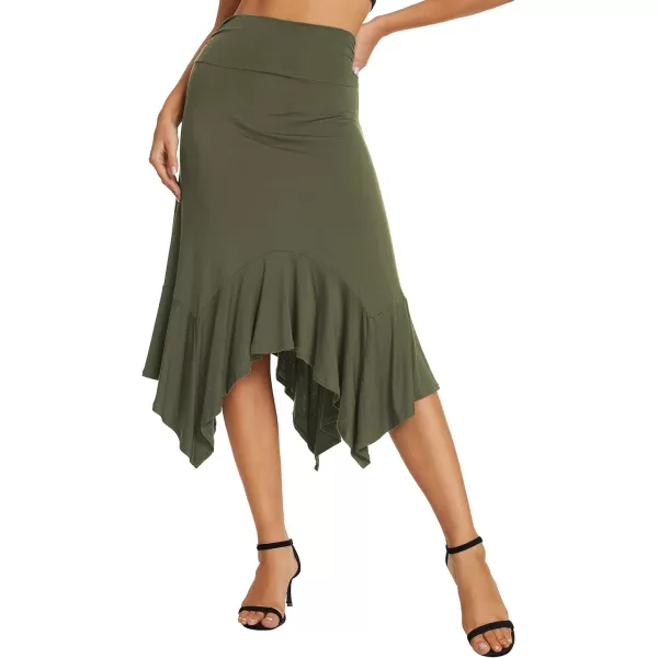 Urban CoCo Womens Flowy Stretchy Skirt Handkerchief Hemline Midi SkirtArmy Green