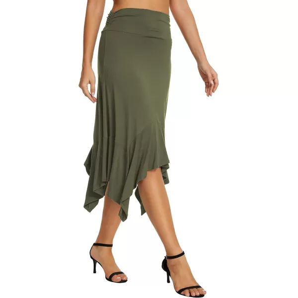 Urban CoCo Womens Flowy Stretchy Skirt Handkerchief Hemline Midi SkirtArmy Green