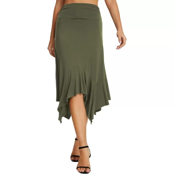 Urban CoCo Womens Flowy Stretchy Skirt Handkerchief Hemline Midi SkirtArmy Green
