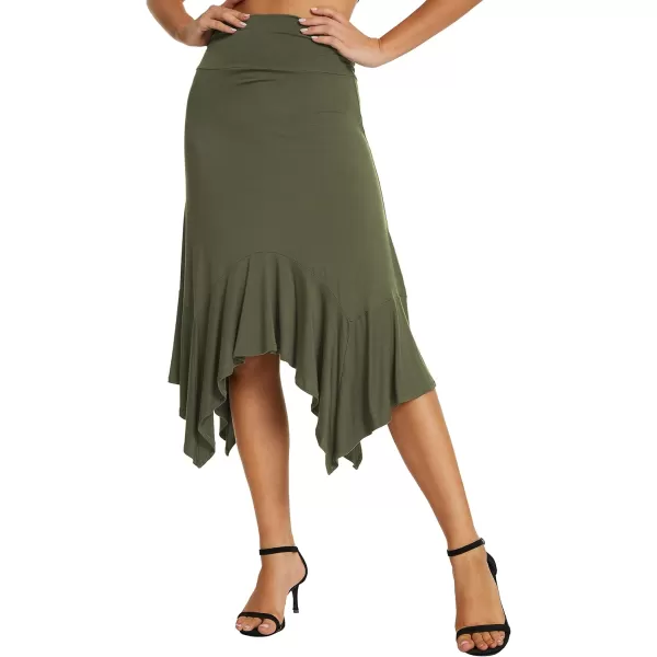 Urban CoCo Womens Flowy Stretchy Skirt Handkerchief Hemline Midi SkirtArmy Green