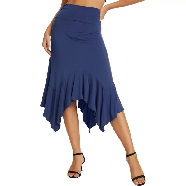 Urban CoCo Womens Flowy Stretchy Skirt Handkerchief Hemline Midi SkirtNavy Blue