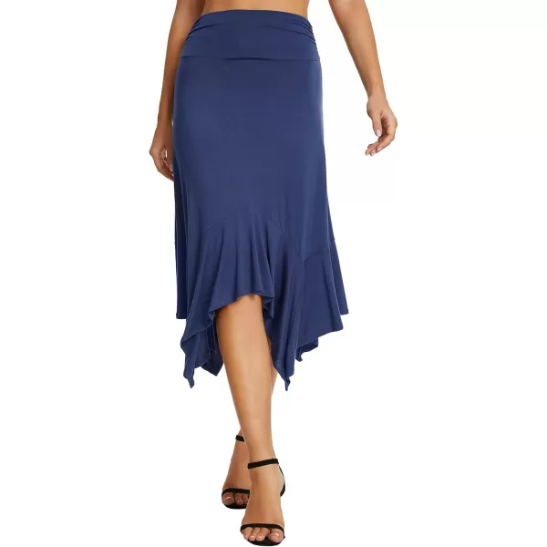 Urban CoCo Womens Flowy Stretchy Skirt Handkerchief Hemline Midi SkirtNavy Blue