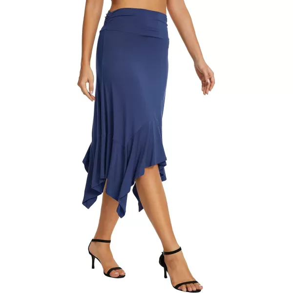 Urban CoCo Womens Flowy Stretchy Skirt Handkerchief Hemline Midi SkirtNavy Blue