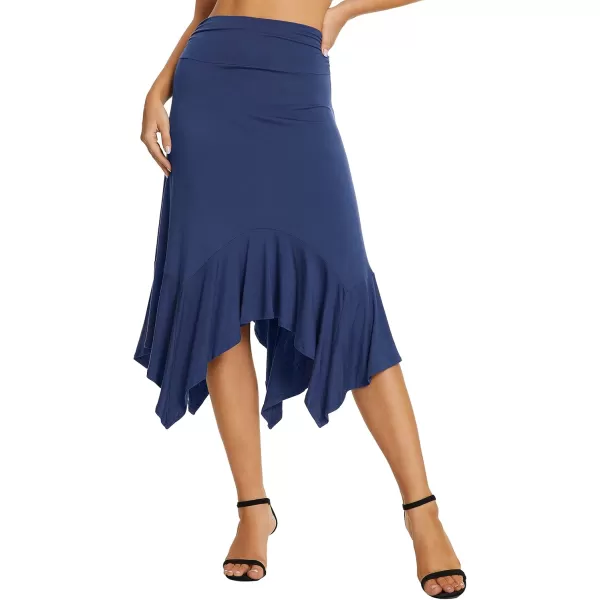 Urban CoCo Womens Flowy Stretchy Skirt Handkerchief Hemline Midi SkirtNavy Blue