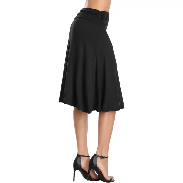 Urban CoCo Womens Ruched High Waist Knee Length Jersey ALine Stretchy Flared Casual SkirtBlack