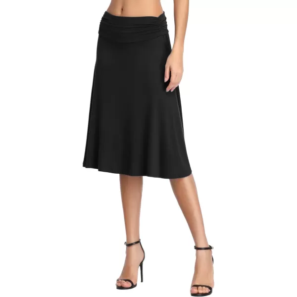 Urban CoCo Womens Ruched High Waist Knee Length Jersey ALine Stretchy Flared Casual SkirtBlack