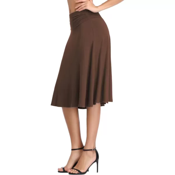 Urban CoCo Womens Ruched High Waist Knee Length Jersey ALine Stretchy Flared Casual SkirtBrown