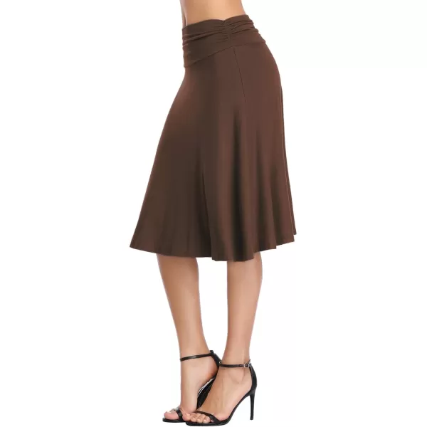 Urban CoCo Womens Ruched High Waist Knee Length Jersey ALine Stretchy Flared Casual SkirtBrown