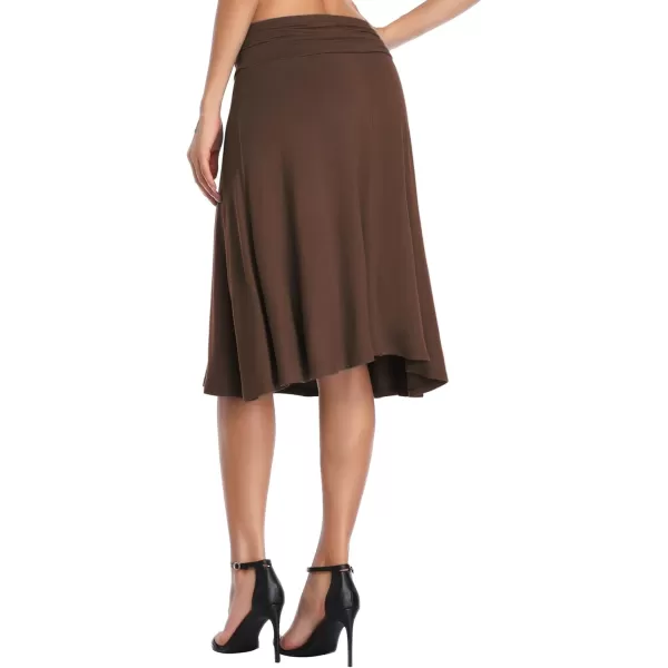 Urban CoCo Womens Ruched High Waist Knee Length Jersey ALine Stretchy Flared Casual SkirtBrown