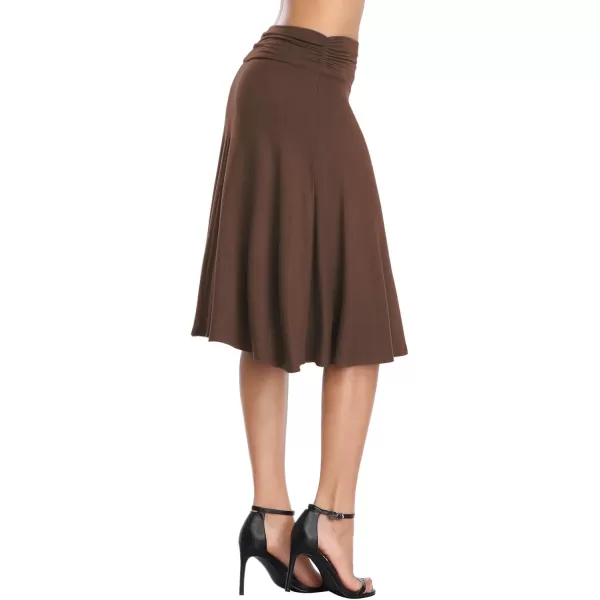 Urban CoCo Womens Ruched High Waist Knee Length Jersey ALine Stretchy Flared Casual SkirtBrown